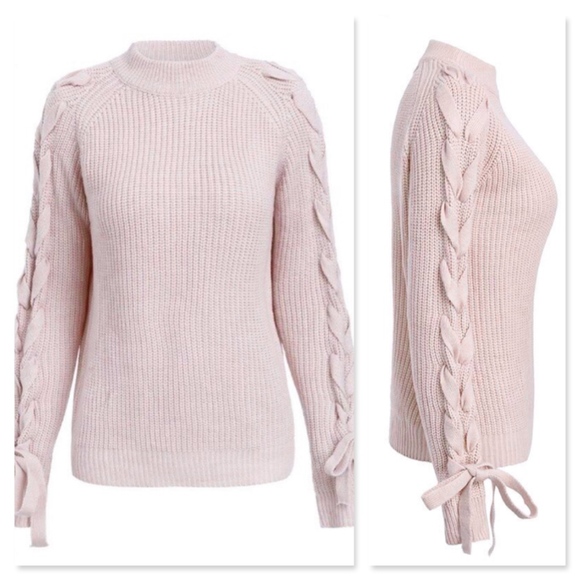 Lace Up Sleeve Knit Tan Sweater - Picture 7 of 8